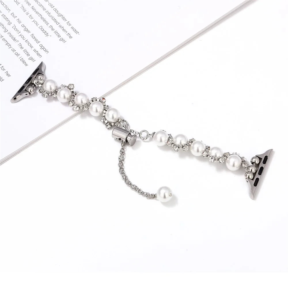 Pearl Decor Strap for Apple Watch Series 11 10 42mm / 9 8 7 41mm / SE3 SE2 SE 6 5 4 40mm / 3 2 1 38mm Metal Watch Band - Silver - 1
