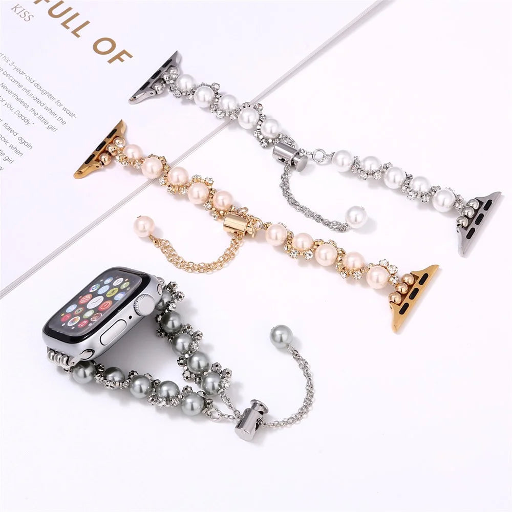 Pearl Decor Strap for Apple Watch Series 11 10 42mm / 9 8 7 41mm / SE3 SE2 SE 6 5 4 40mm / 3 2 1 38mm Metal Watch Band - Silver - 4
