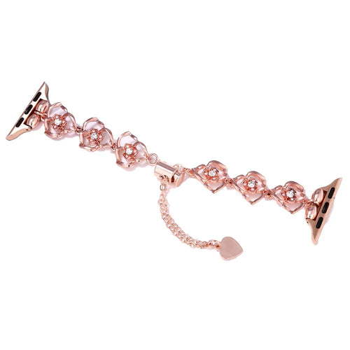 Floral Decor Strap for Apple Watch Ultra 3 2 1 49mm / Series 11 10 46mm / 9 8 7 45mm / SE3 SE2 SE 6 5 4 44mm / 3 2 1 42mm Metal Watch Band - Rose Gold - 1