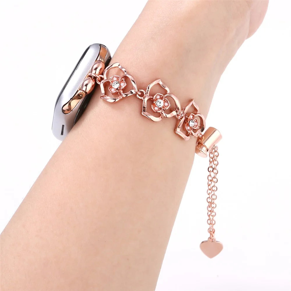 Floral Decor Strap for Apple Watch Ultra 3 2 1 49mm / Series 11 10 46mm / 9 8 7 45mm / SE3 SE2 SE 6 5 4 44mm / 3 2 1 42mm Metal Watch Band - Rose Gold - 2