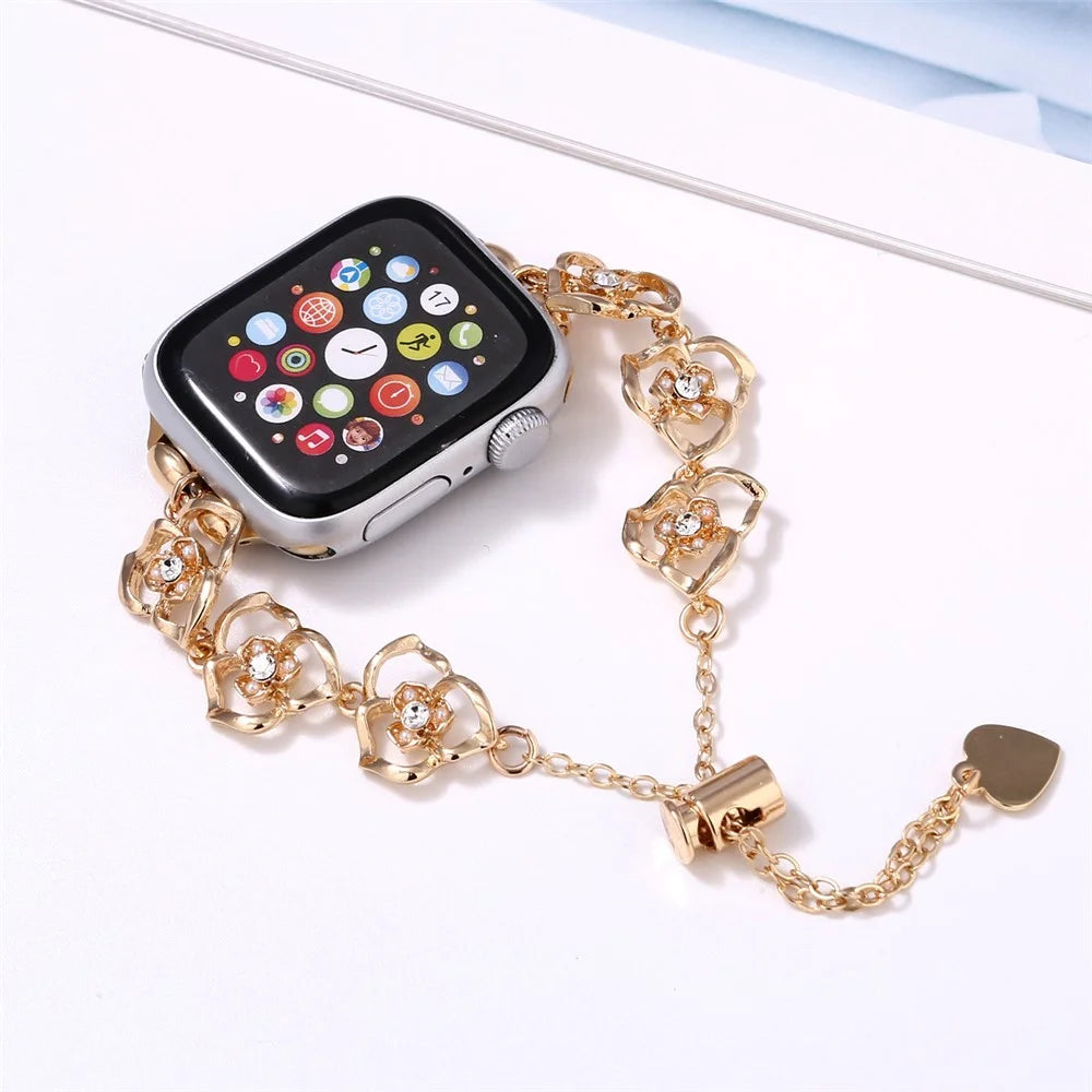 Floral Decor Strap for Apple Watch Ultra 3 2 1 49mm / Series 11 10 46mm / 9 8 7 45mm / SE3 SE2 SE 6 5 4 44mm / 3 2 1 42mm Metal Watch Band - Rose Gold - 3