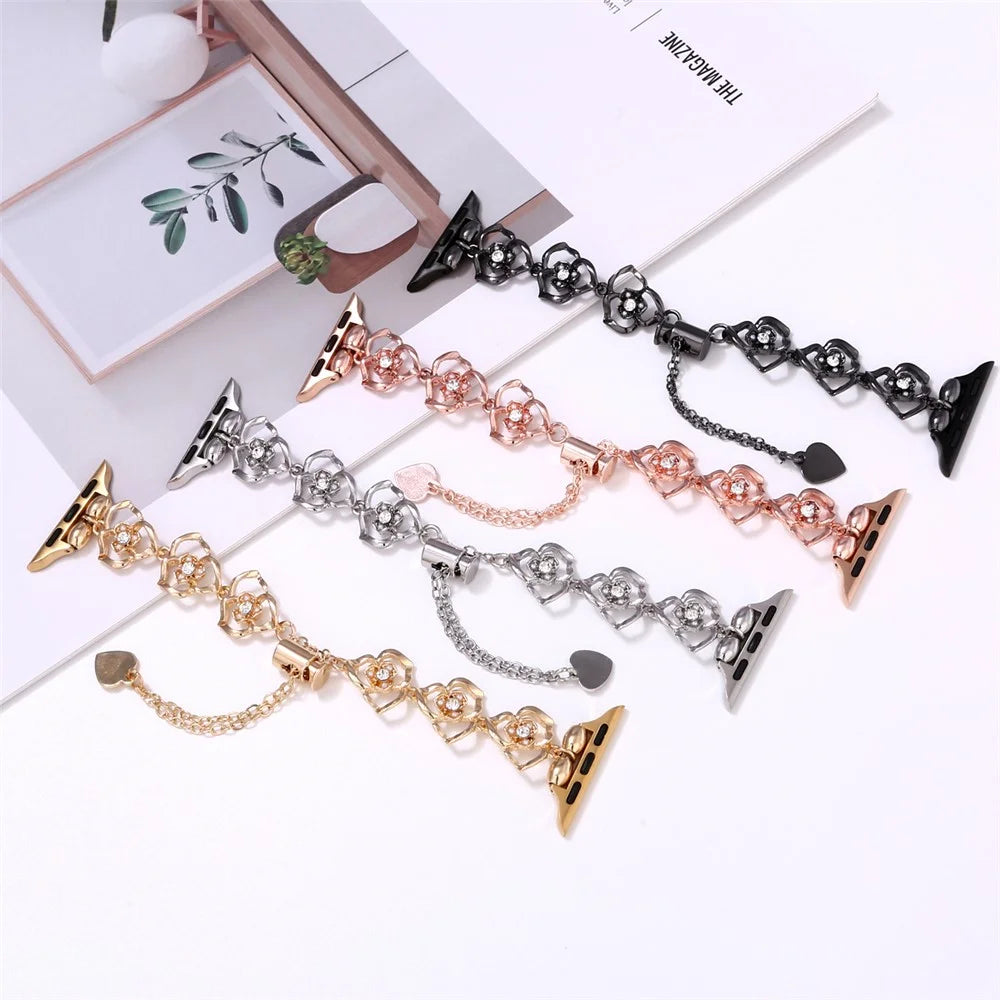 Floral Decor Strap for Apple Watch Ultra 3 2 1 49mm / Series 11 10 46mm / 9 8 7 45mm / SE3 SE2 SE 6 5 4 44mm / 3 2 1 42mm Metal Watch Band - Rose Gold - 4