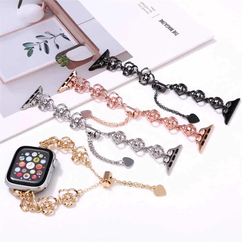 Floral Decor Strap for Apple Watch Ultra 3 2 1 49mm / Series 11 10 46mm / 9 8 7 45mm / SE3 SE2 SE 6 5 4 44mm / 3 2 1 42mm Metal Watch Band - Rose Gold - 5