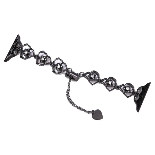 Floral Decor Strap for Apple Watch Series 11 10 42mm / 9 8 7 41mm / SE3 SE2 SE 6 5 4 40mm / 3 2 1 38mm Metal Watch Band - Black - 1