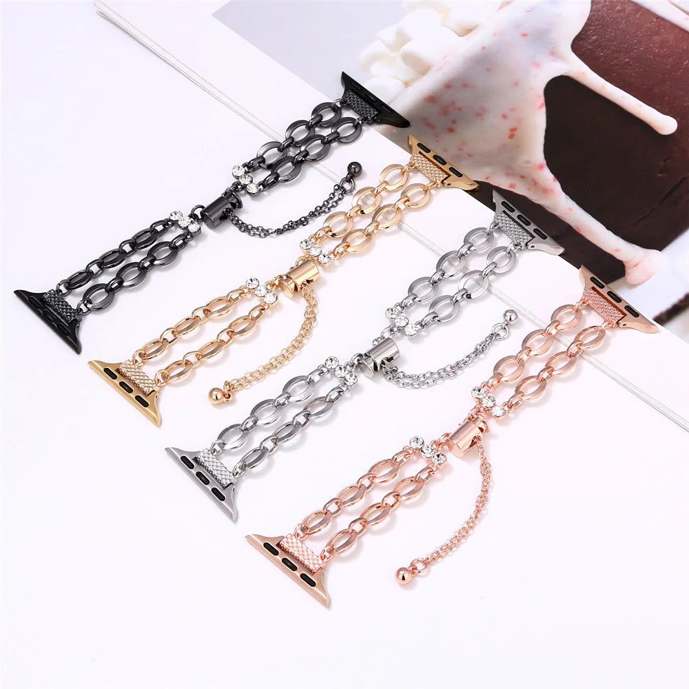 Double Chain Watch Band for Apple Watch Ultra 3 2 1 49mm / Series 11 10 46mm / 9 8 7 45mm / SE3 SE2 SE 6 5 4 44mm / 3 2 1 42mm Replacement Strap - Black - 4