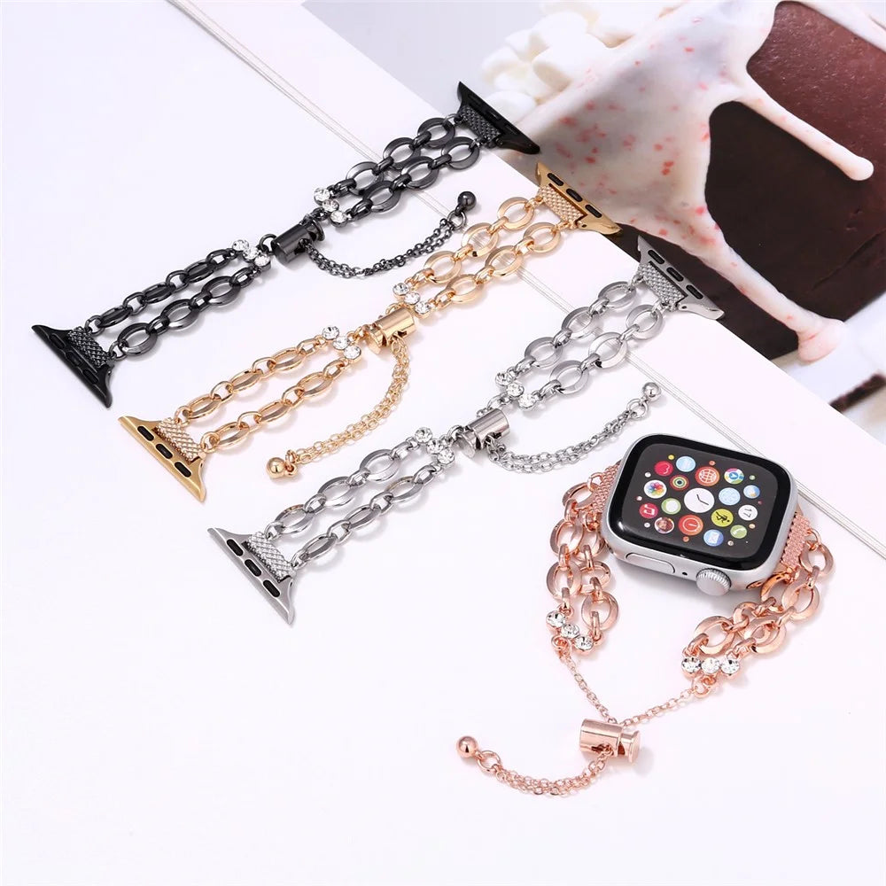 Double Chain Watch Band for Apple Watch Ultra 3 2 1 49mm / Series 11 10 46mm / 9 8 7 45mm / SE3 SE2 SE 6 5 4 44mm / 3 2 1 42mm Replacement Strap - Black - 5
