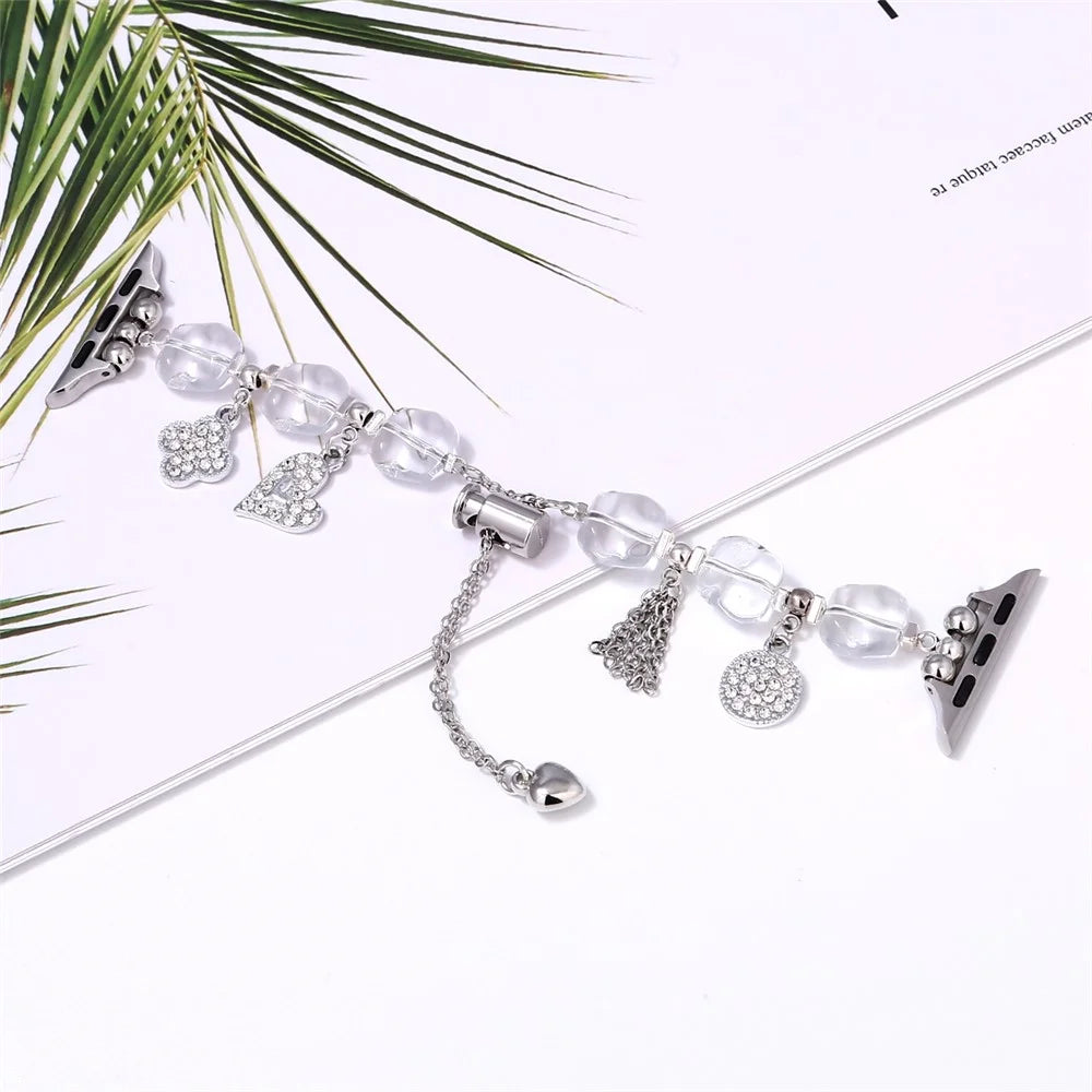 Replacement Strap for Apple Watch Ultra 3 2 1 49mm / Series 11 10 46mm / 9 8 7 45mm / SE3 SE2 SE 6 5 4 44mm / 3 2 1 42mm Clear Pendant Decor Watch Band - Style C - 2