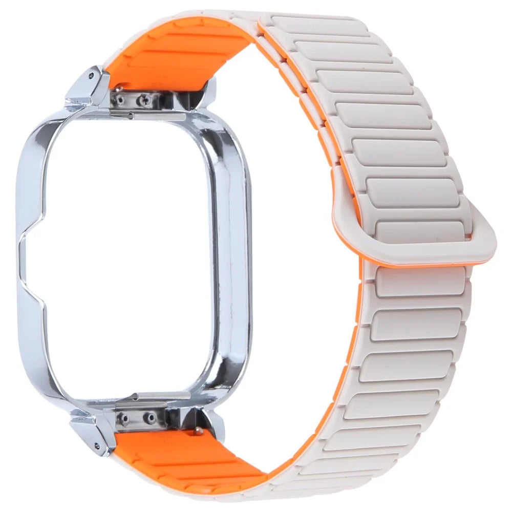 For Xiaomi Redmi Watch 5 / 4 Metal Silver Frame Integrated Magnetic Silicone Watch Band - White+Orange - 1