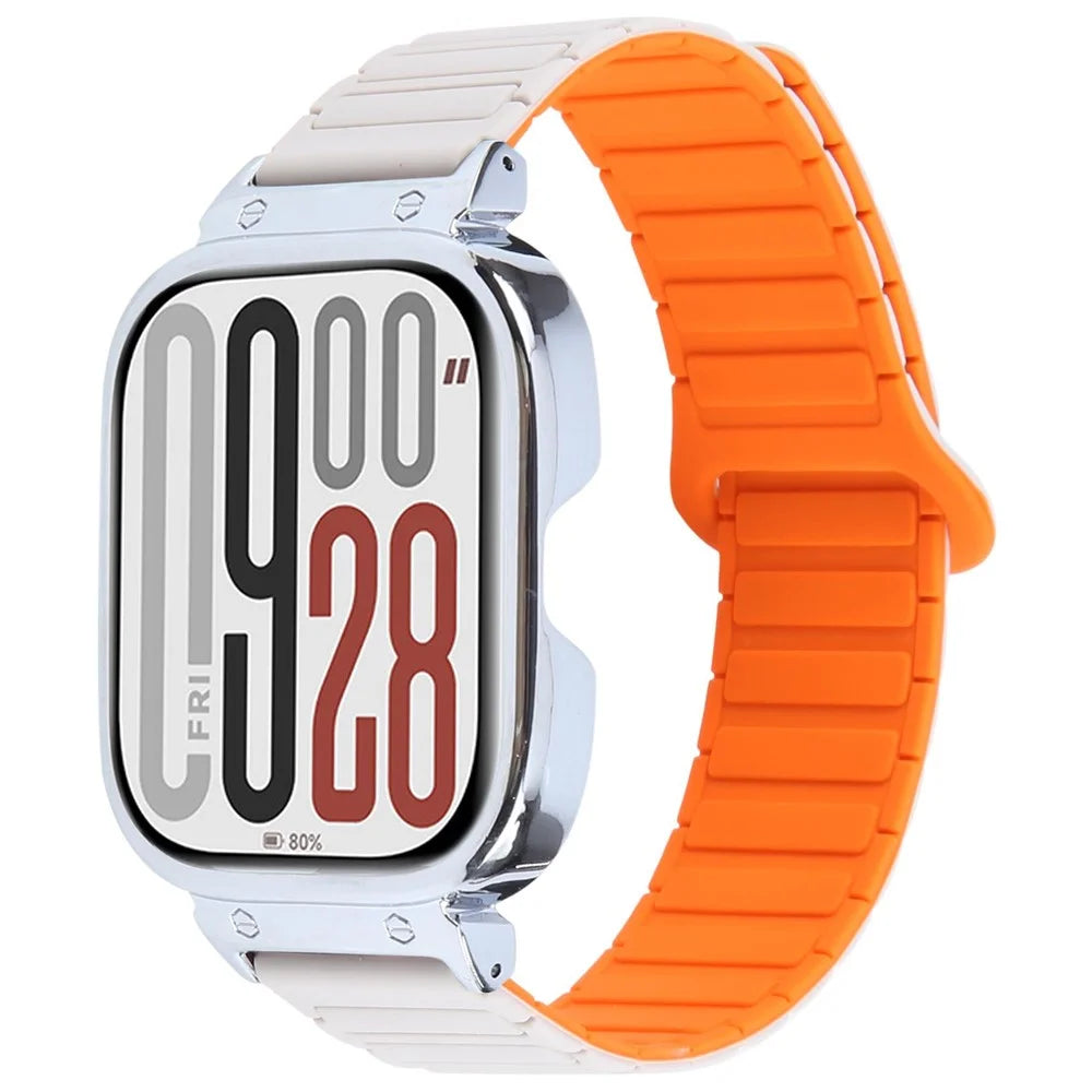 For Xiaomi Redmi Watch 5 / 4 Metal Silver Frame Integrated Magnetic Silicone Watch Band - White+Orange - 2