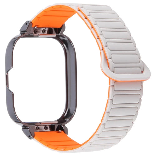 For Xiaomi Redmi Watch 5 / 4 Metal Black Frame Integrated Magnetic Silicone Watch Band - White+Orange - 1
