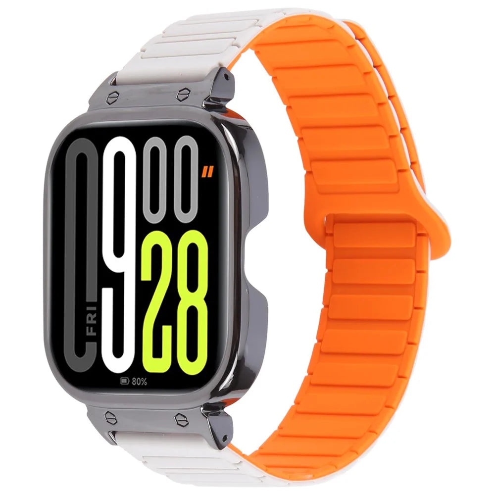 For Xiaomi Redmi Watch 5 / 4 Metal Black Frame Integrated Magnetic Silicone Watch Band - White+Orange - 2