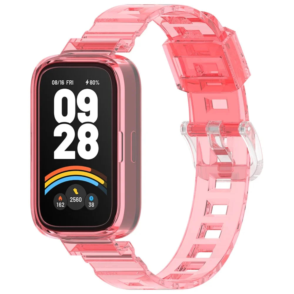 For Xiaomi Redmi Band 3 / Smart Band 9 Active Transparent Color Changing TPU Watch Band Integrated with Case - Red - 3