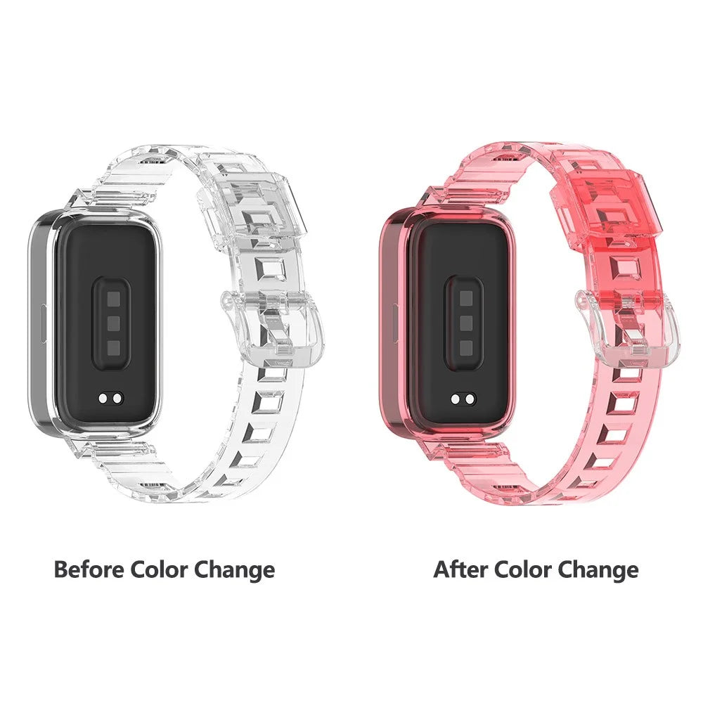 For Xiaomi Redmi Band 2 / Smart Band 8 Active Transparent Color Changing TPU Watch Band Integrated with Case - Red - 2
