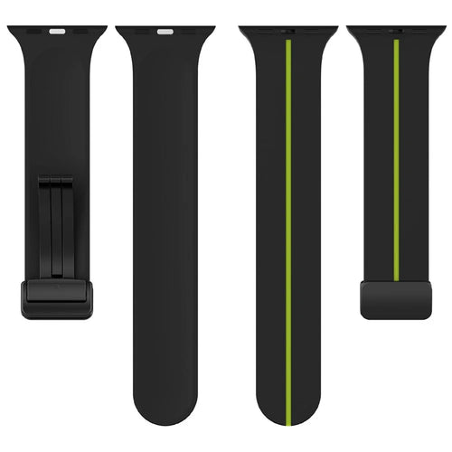 KALEBOL Magnetic Silicone Strap for Apple Watch Series 11 10 42mm / 9 8 7 41mm / SE3 SE2 SE 6 5 4 40mm / 3 2 1 38mm Stripe Watch Band - Black+Lime - 1