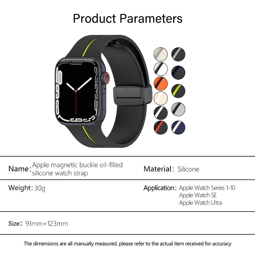 KALEBOL Magnetic Silicone Strap for Apple Watch Series 11 10 42mm / 9 8 7 41mm / SE3 SE2 SE 6 5 4 40mm / 3 2 1 38mm Stripe Watch Band - Black+Lime - 6