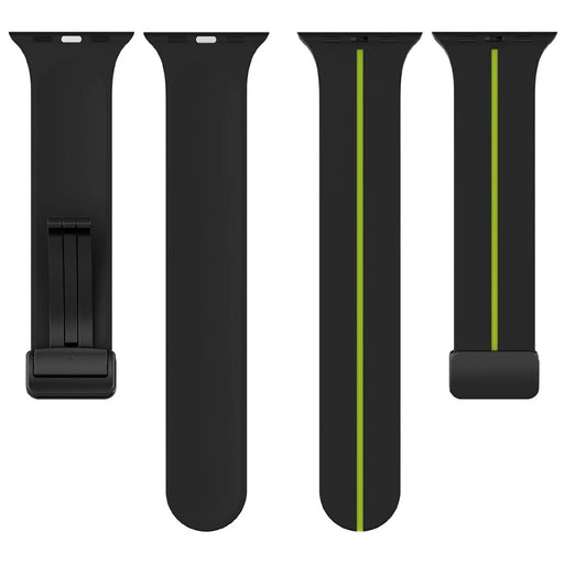 KALEBOL Magnetic Silicone Strap for Apple Watch Ultra 3 2 1 49mm / Series 11 10 46mm / 9 8 7 45mm / SE3 SE2 SE 6 5 4 44mm / 3 2 1 42mm Stripe Watch Band - Black+Lime - 1