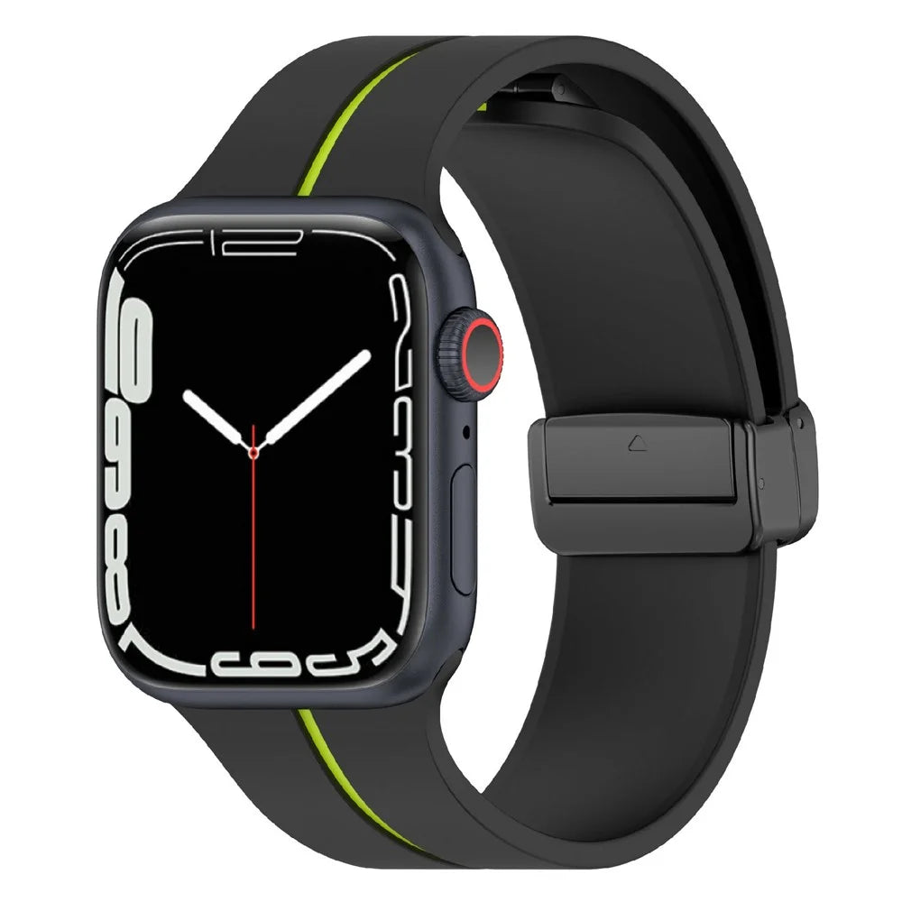 KALEBOL Magnetic Silicone Strap for Apple Watch Ultra 3 2 1 49mm / Series 11 10 46mm / 9 8 7 45mm / SE3 SE2 SE 6 5 4 44mm / 3 2 1 42mm Stripe Watch Band - Black+Lime - 2