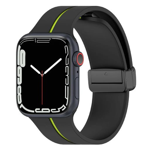 KALEBOL Magnetic Silicone Strap for Apple Watch Ultra 3 2 1 49mm / Series 11 10 46mm / 9 8 7 45mm / SE3 SE2 SE 6 5 4 44mm / 3 2 1 42mm Stripe Watch Band - Black+Lime - 2