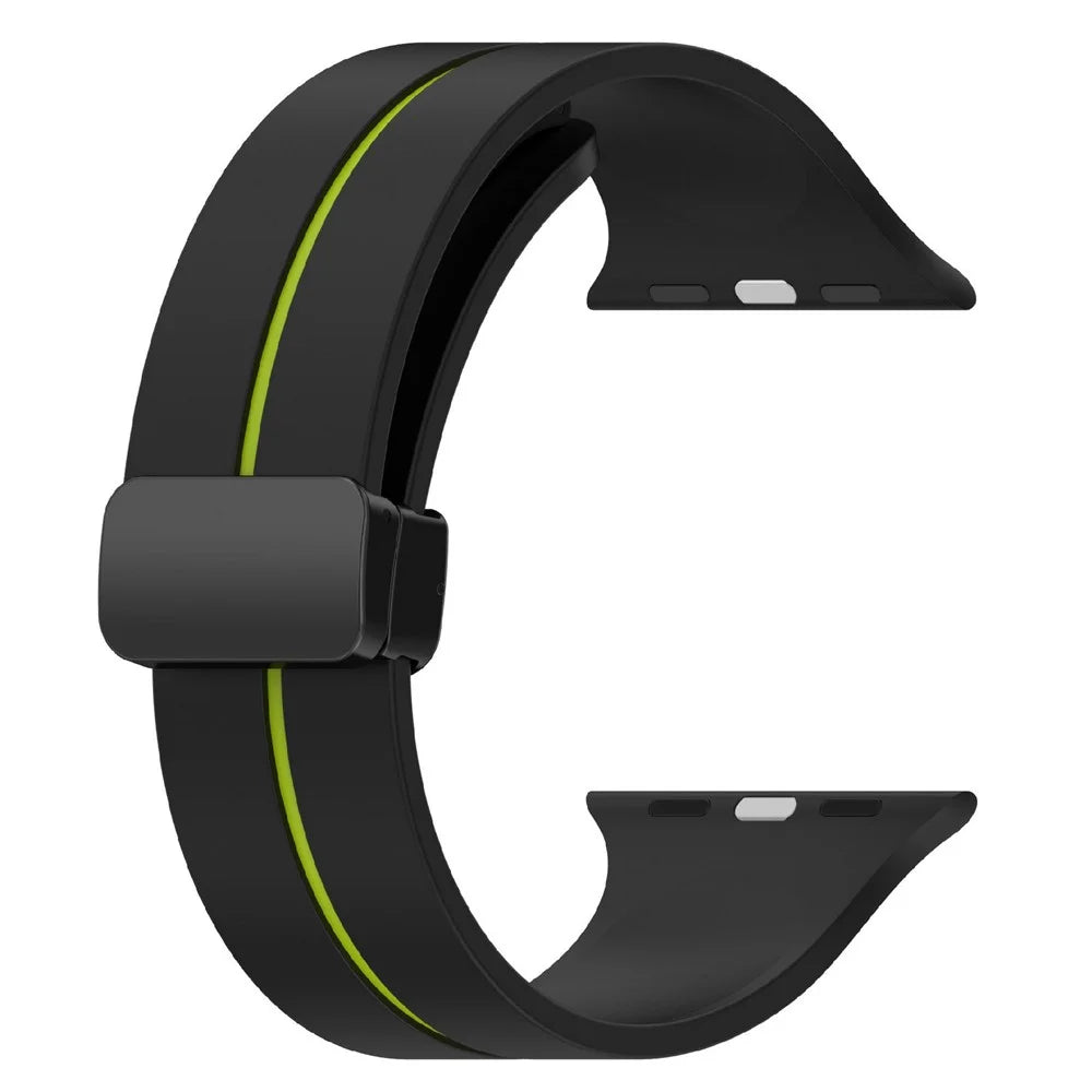 KALEBOL Magnetic Silicone Strap for Apple Watch Ultra 3 2 1 49mm / Series 11 10 46mm / 9 8 7 45mm / SE3 SE2 SE 6 5 4 44mm / 3 2 1 42mm Stripe Watch Band - Black+Lime - 3