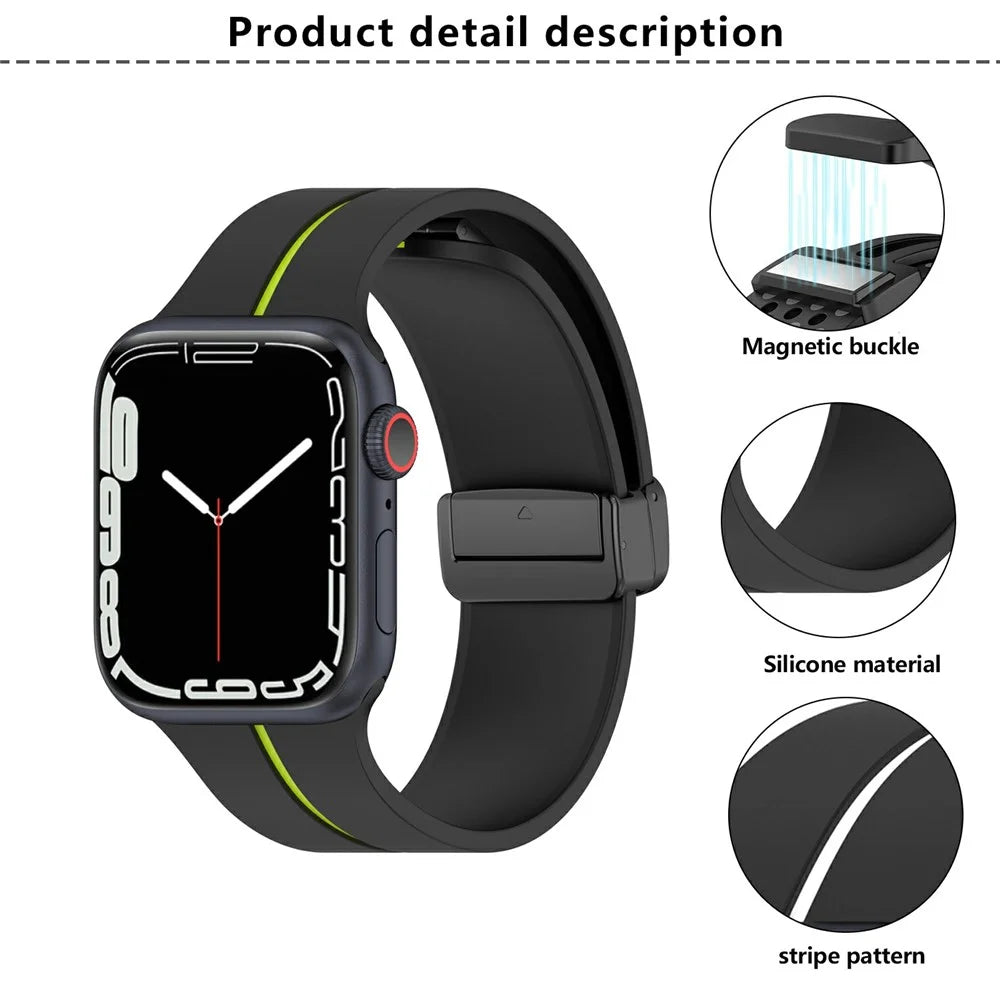 KALEBOL Magnetic Silicone Strap for Apple Watch Ultra 3 2 1 49mm / Series 11 10 46mm / 9 8 7 45mm / SE3 SE2 SE 6 5 4 44mm / 3 2 1 42mm Stripe Watch Band - Black+Lime - 4