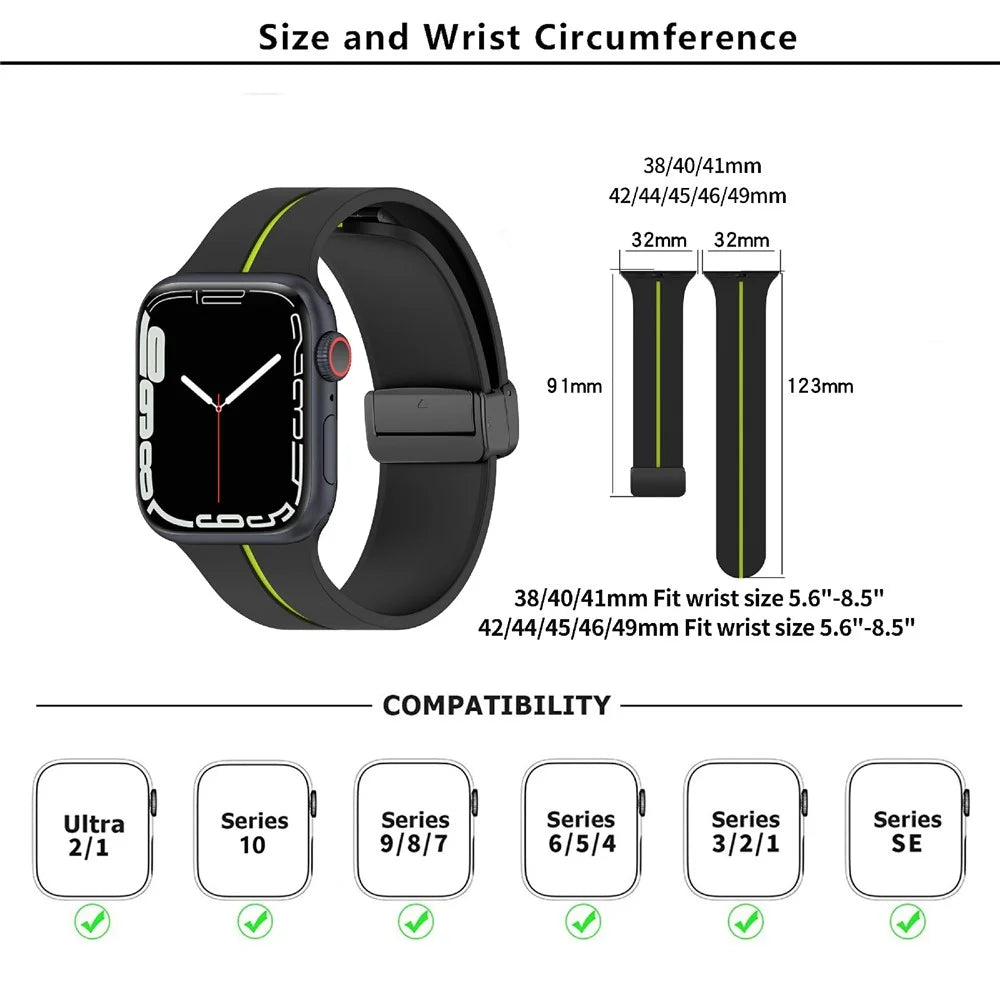 KALEBOL Magnetic Silicone Strap for Apple Watch Ultra 3 2 1 49mm / Series 11 10 46mm / 9 8 7 45mm / SE3 SE2 SE 6 5 4 44mm / 3 2 1 42mm Stripe Watch Band - Black+Lime - 5