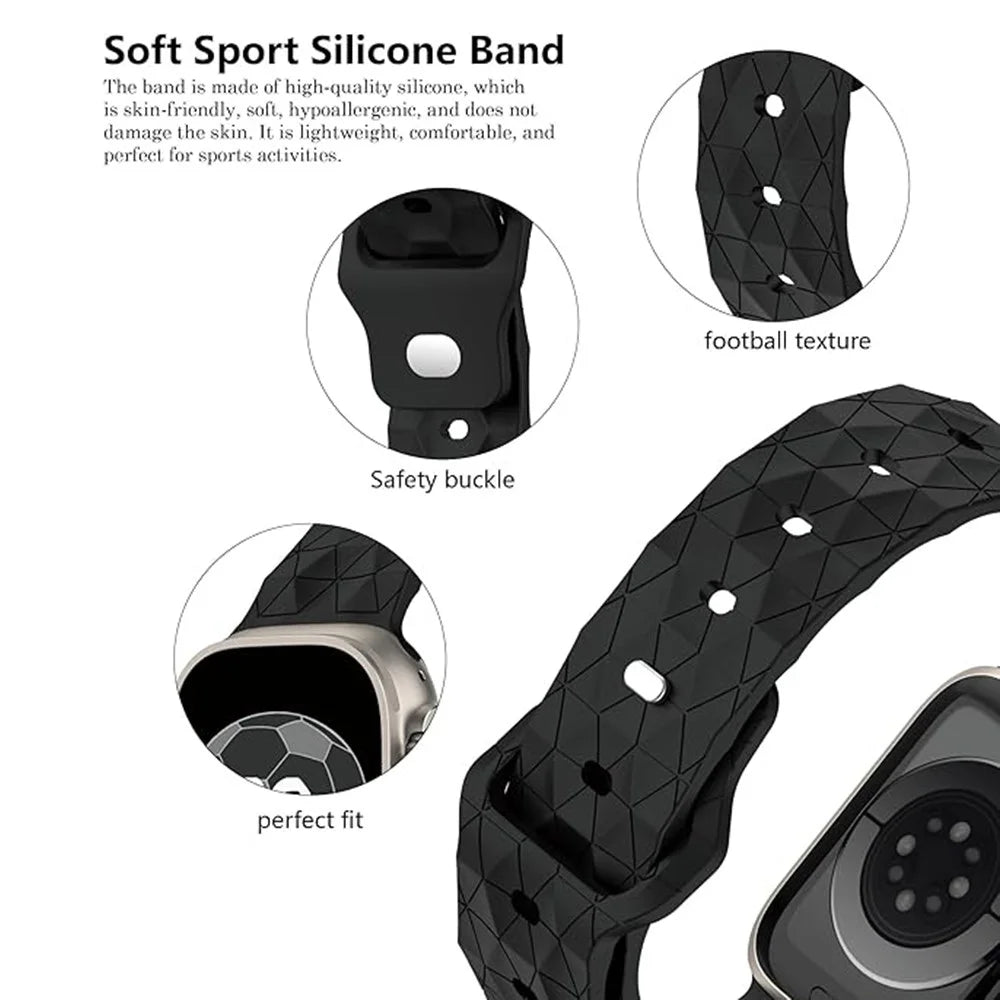 KALEBOL Football Texture Silicone Strap for Apple Watch Ultra 3 2 1 49mm / Series 11 10 46mm / 9 8 7 45mm / SE3 SE2 SE 6 5 4 44mm / 3 2 1 42mm Watch Band - Black - 3
