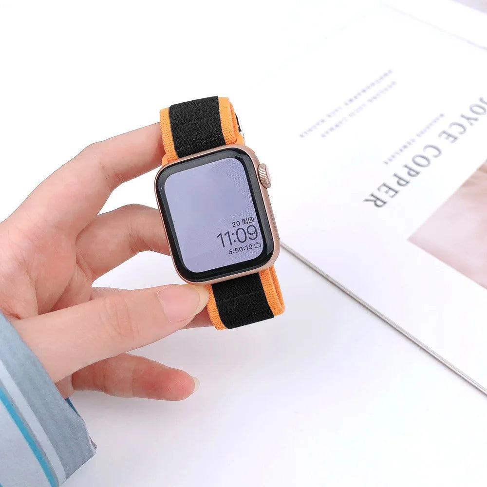 Watch Band For Apple Watch Series 11 10 42mm / 9 8 7 41mm / SE3 SE2 SE 6 5 4 40mm / 3 2 1 38mm Elastic Nylon Figure-8 Buckle Strap - Black Orange - 3