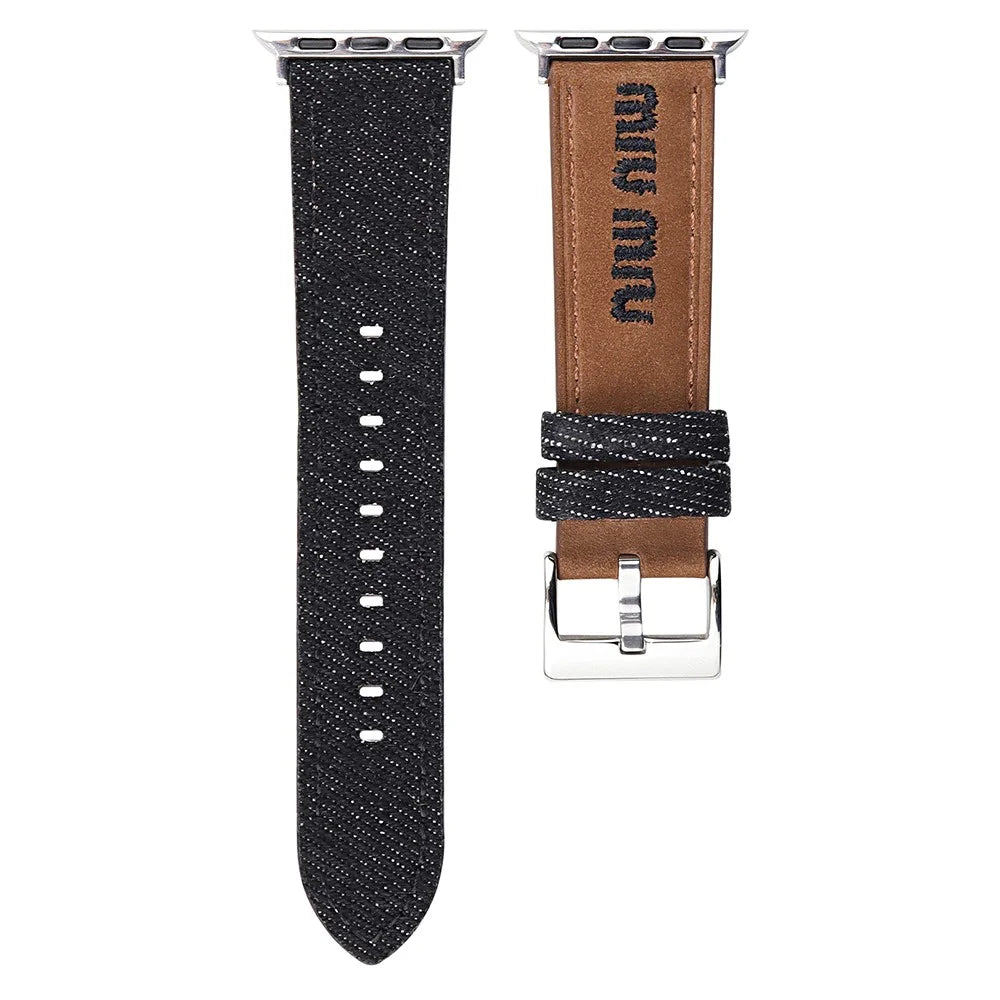 Watch Band For Apple Watch Series 11 10 42mm / 9 8 7 41mm / SE3 SE2 SE 6 5 4 40mm / 3 2 1 38mm Embroidered Denim Leather Strap - Brown  /  Black - 1