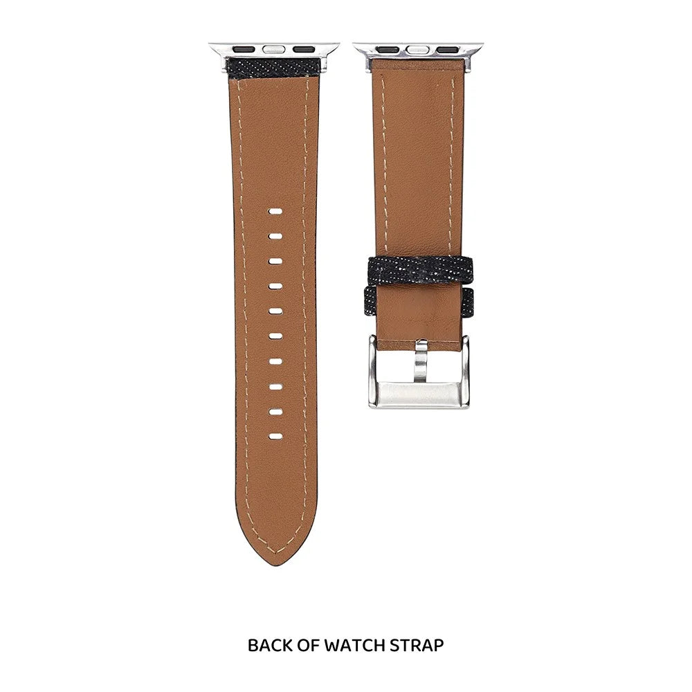 Watch Band For Apple Watch Series 11 10 42mm / 9 8 7 41mm / SE3 SE2 SE 6 5 4 40mm / 3 2 1 38mm Embroidered Denim Leather Strap - Brown  /  Black - 2