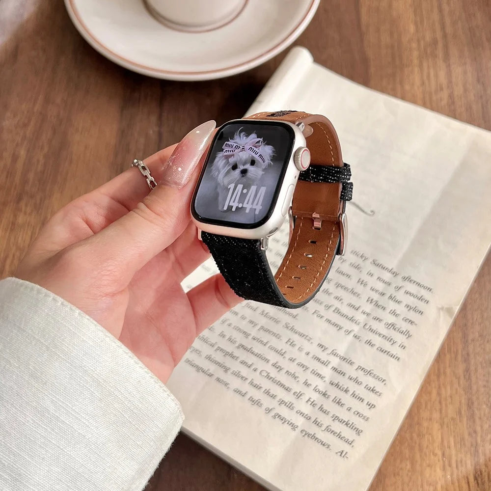 Watch Band For Apple Watch Series 11 10 42mm / 9 8 7 41mm / SE3 SE2 SE 6 5 4 40mm / 3 2 1 38mm Embroidered Denim Leather Strap - Brown  /  Black - 4