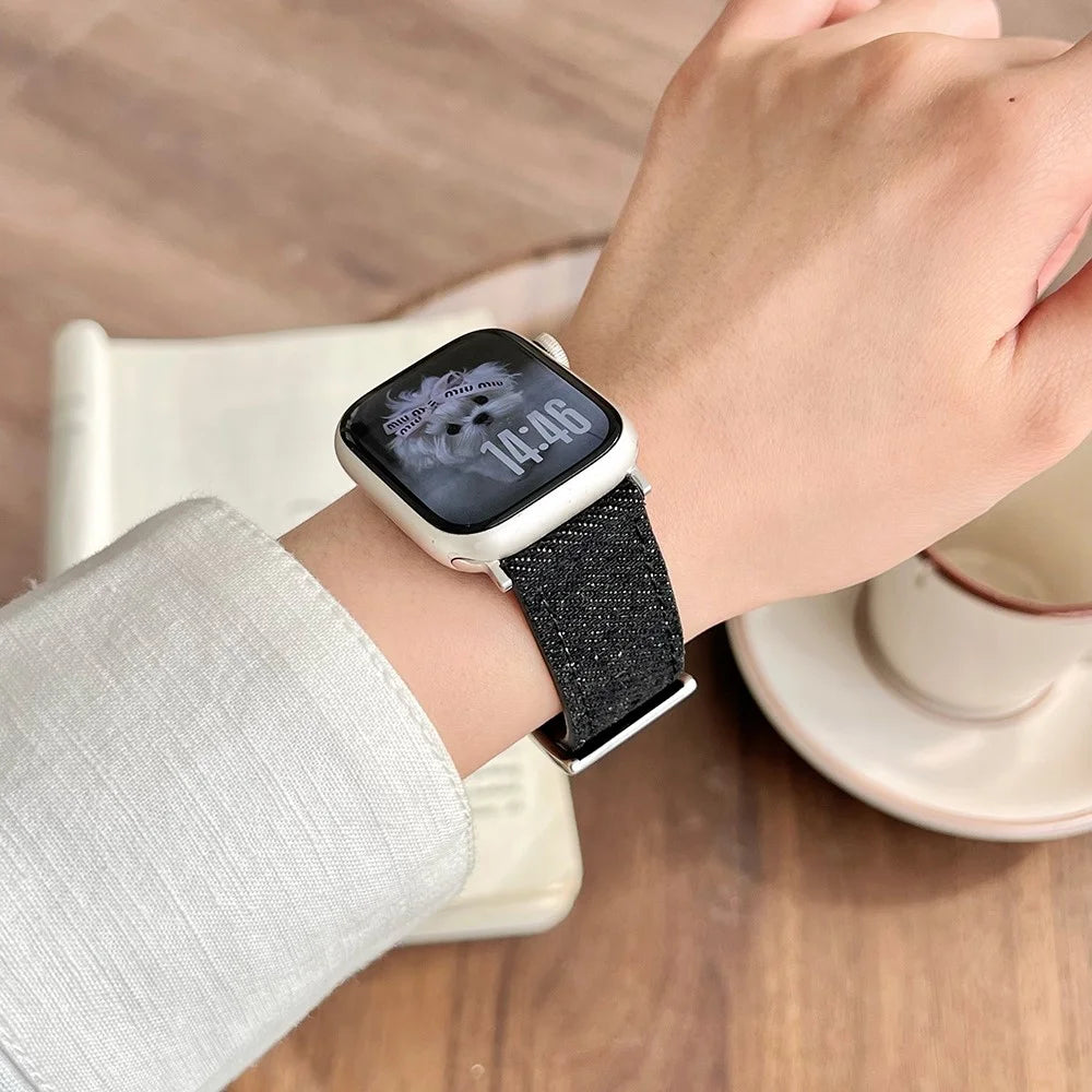 Watch Band For Apple Watch Series 11 10 42mm / 9 8 7 41mm / SE3 SE2 SE 6 5 4 40mm / 3 2 1 38mm Embroidered Denim Leather Strap - Brown  /  Black - 6