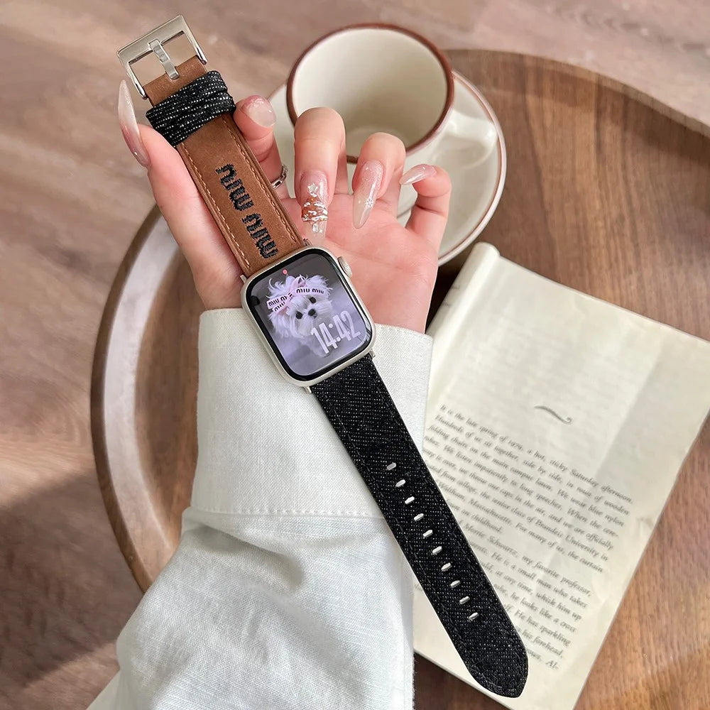 Watch Band For Apple Watch Ultra 3 2 1 49mm / Series 11 10 46mm / 9 8 7 45mm / SE3 SE2 SE 6 5 4 44mm / 3 2 1 42mm Embroidered Denim Leather Strap - Brown  /  Black - 3