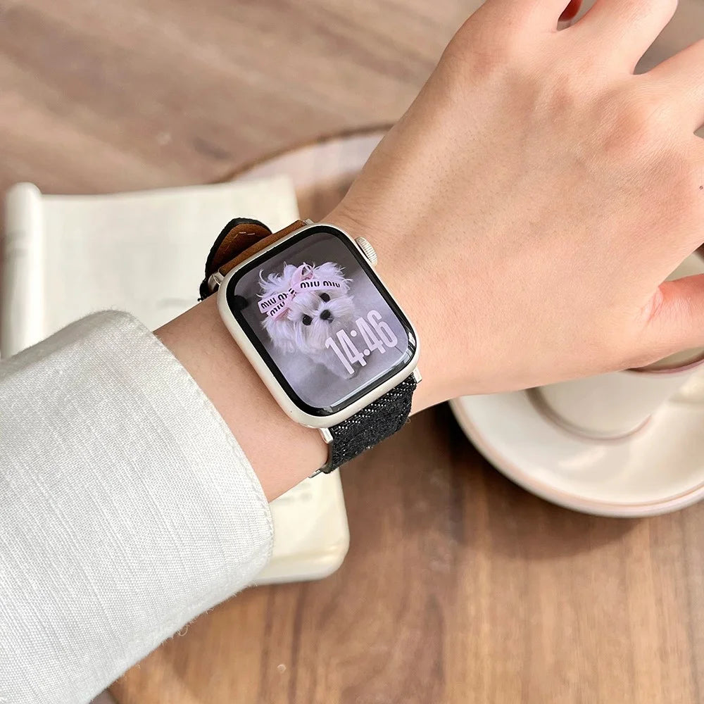 Watch Band For Apple Watch Ultra 3 2 1 49mm / Series 11 10 46mm / 9 8 7 45mm / SE3 SE2 SE 6 5 4 44mm / 3 2 1 42mm Embroidered Denim Leather Strap - Brown  /  Black - 5