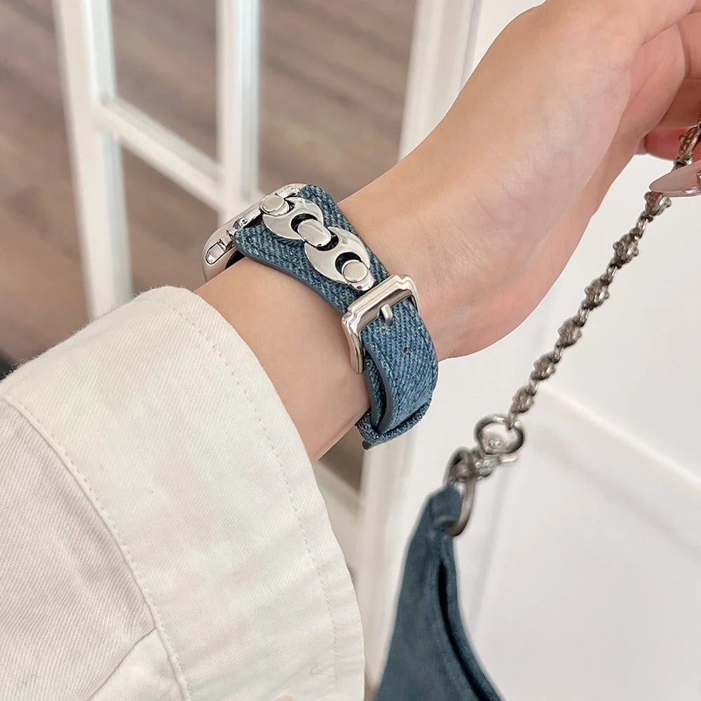 Watch Band For Apple Watch Series 11 10 42mm / 9 8 7 41mm / SE3 SE2 SE 6 5 4 40mm / 3 2 1 38mm Metal D-Buckle Denim Leather Strap - Blue  /  Silver - 4