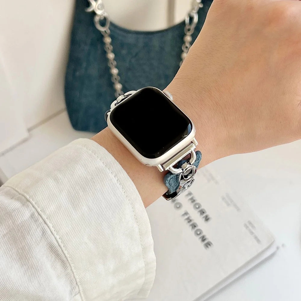 Watch Band For Apple Watch Series 11 10 42mm / 9 8 7 41mm / SE3 SE2 SE 6 5 4 40mm / 3 2 1 38mm Metal D-Buckle Denim Leather Strap - Blue  /  Silver - 7