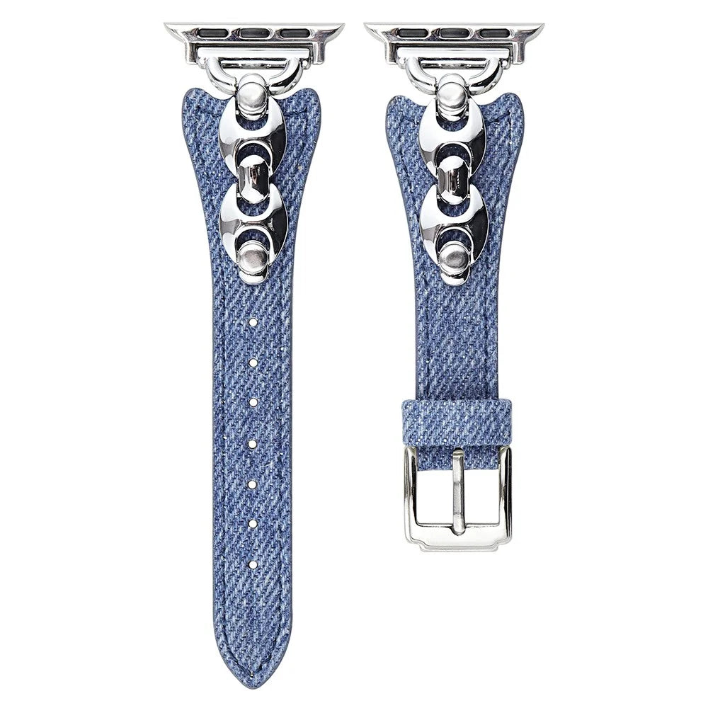 Watch Band For Apple Watch Ultra 3 2 1 49mm / Series 11 10 46mm / 9 8 7 45mm / SE3 SE2 SE 6 5 4 44mm / 3 2 1 42mm Metal D-Buckle Denim Leather Strap - Blue  /  Silver - 1