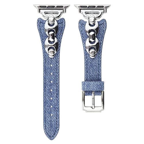 Watch Band For Apple Watch Ultra 3 2 1 49mm / Series 11 10 46mm / 9 8 7 45mm / SE3 SE2 SE 6 5 4 44mm / 3 2 1 42mm Metal D-Buckle Denim Leather Strap - Blue  /  Silver - 1