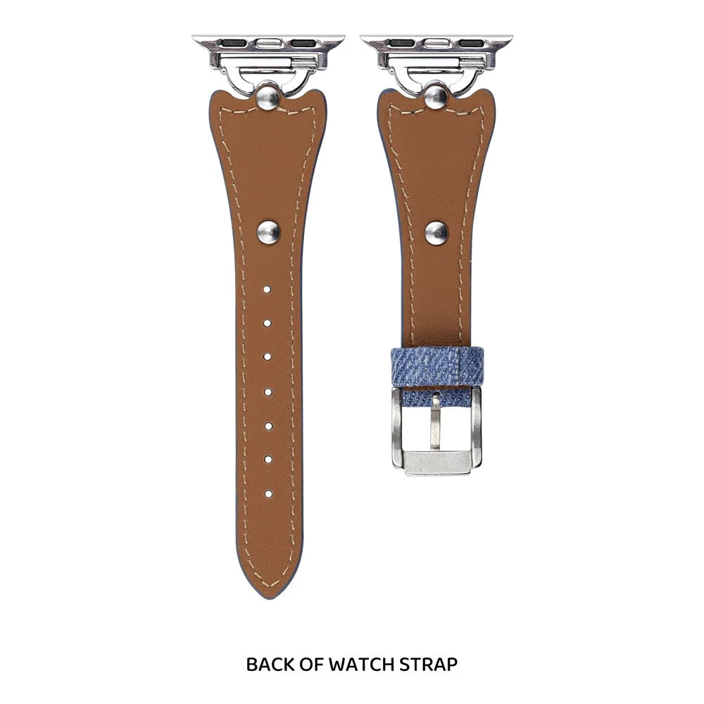 Watch Band For Apple Watch Ultra 3 2 1 49mm / Series 11 10 46mm / 9 8 7 45mm / SE3 SE2 SE 6 5 4 44mm / 3 2 1 42mm Metal D-Buckle Denim Leather Strap - Blue  /  Silver - 2