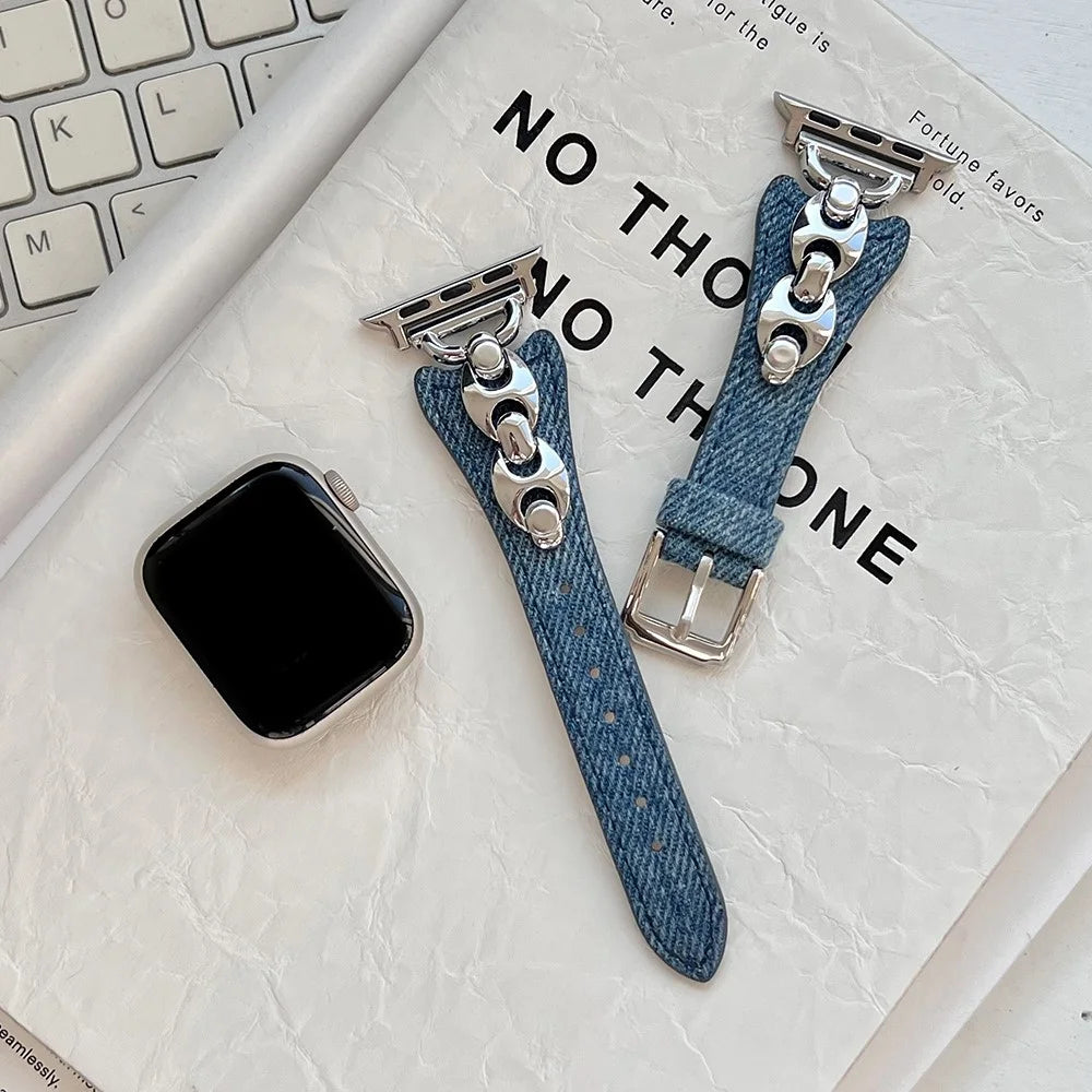Watch Band For Apple Watch Ultra 3 2 1 49mm / Series 11 10 46mm / 9 8 7 45mm / SE3 SE2 SE 6 5 4 44mm / 3 2 1 42mm Metal D-Buckle Denim Leather Strap - Blue  /  Silver - 3