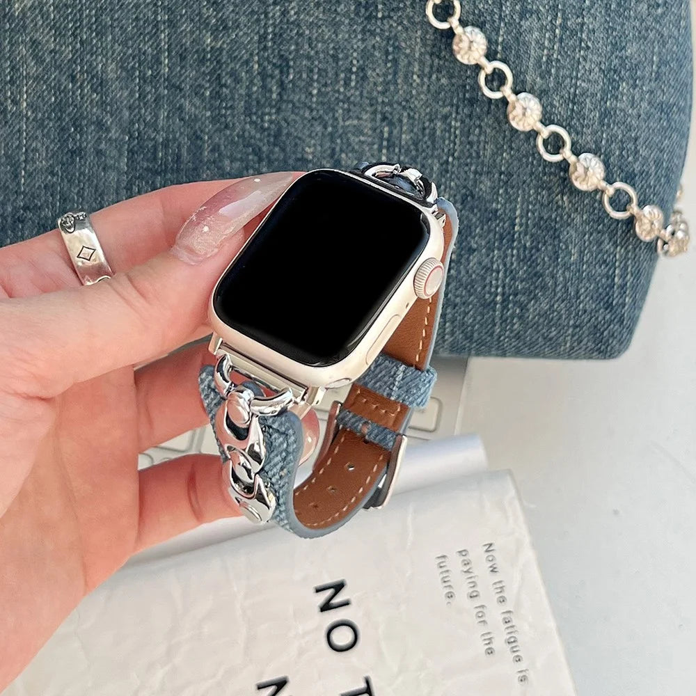 Watch Band For Apple Watch Ultra 3 2 1 49mm / Series 11 10 46mm / 9 8 7 45mm / SE3 SE2 SE 6 5 4 44mm / 3 2 1 42mm Metal D-Buckle Denim Leather Strap - Blue  /  Silver - 5
