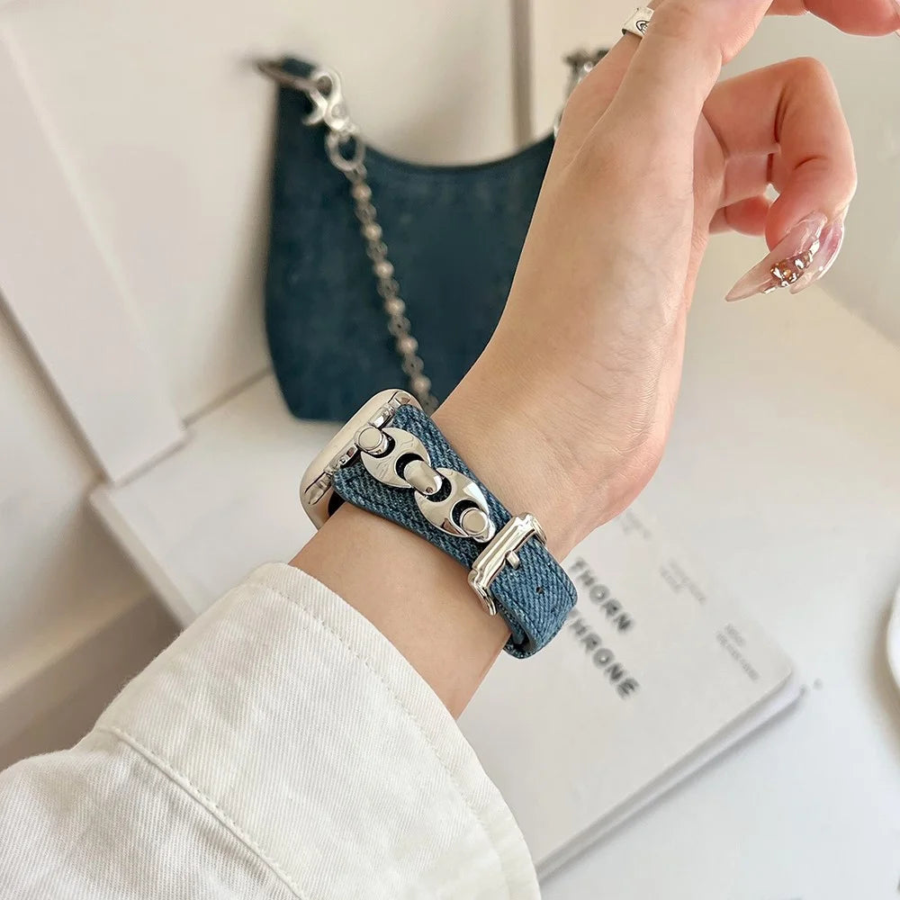 Watch Band For Apple Watch Ultra 3 2 1 49mm / Series 11 10 46mm / 9 8 7 45mm / SE3 SE2 SE 6 5 4 44mm / 3 2 1 42mm Metal D-Buckle Denim Leather Strap - Blue  /  Silver - 6