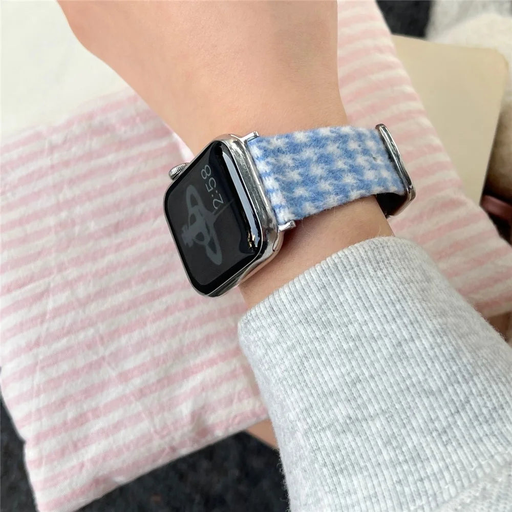 Woolen Fabric Leather Strap for Apple Watch Ultra 3 2 1 49mm / Series 11 10 46mm / 9 8 7 45mm / SE3 SE2 SE 6 5 4 44mm / 3 2 1 42mm Watch Band - Pink - 5