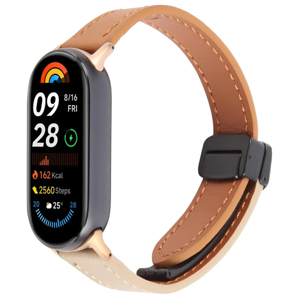 For Xiaomi Smart Band 9 / 8 Foldable Magnetic Black Buckle Microfiber Leather Watch Strap - Orange+Cream - 2