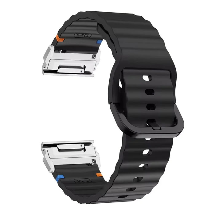 For Garmin Fenix 8 47mm / Fenix E 47mm 22mm Quick Release Wavy Texture Silicone Watch Strap with Silver Connector - Black - 1