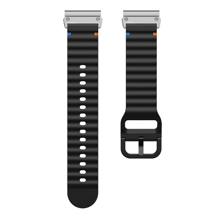 For Garmin Fenix 8 47mm / Fenix E 47mm 22mm Quick Release Wavy Texture Silicone Watch Strap with Silver Connector - Black - 2