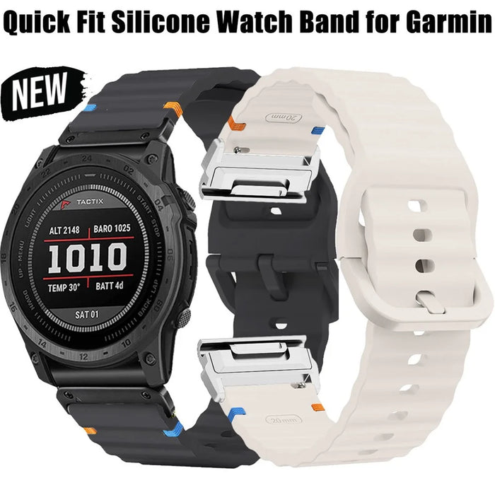 For Garmin Fenix 8 47mm / Fenix E 47mm 22mm Quick Release Wavy Texture Silicone Watch Strap with Silver Connector - Black - 4