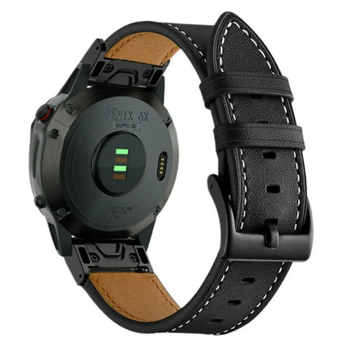 For Garmin Fenix 8 47mm / E 47mm Leather Watch Band 22mm Stitching Line Design Wrist Strap - Black - 1