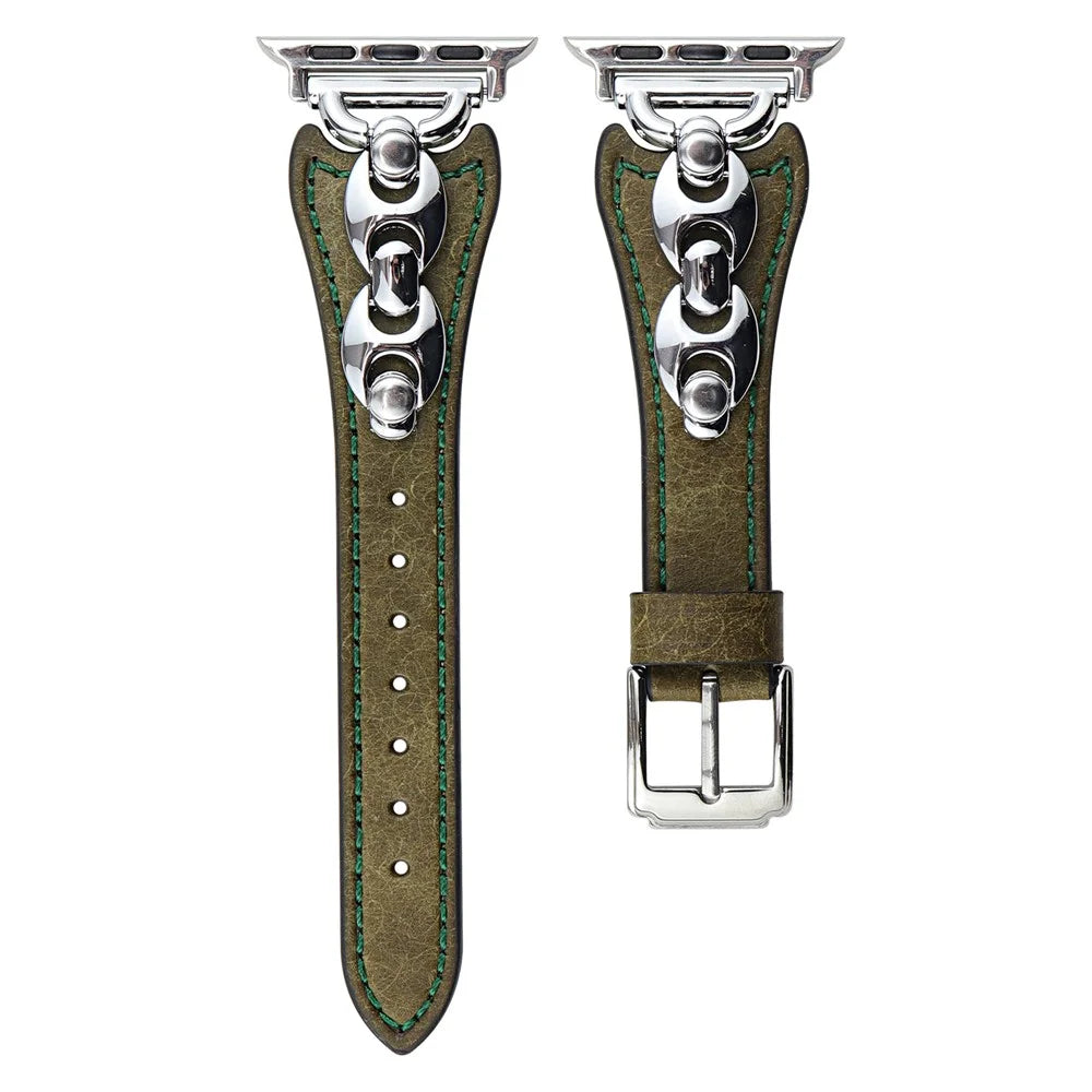 Wrist Strap for Apple Watch Series 11 10 42mm / 9 8 7 41mm / SE3 SE2 SE 6 5 4 40mm / 3 2 1 38mm D Metal Buckle Genuine Cow Leather Band - Green / Silver Buckle - 1