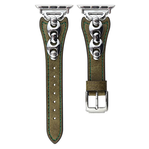 Wrist Strap for Apple Watch Series 11 10 42mm / 9 8 7 41mm / SE3 SE2 SE 6 5 4 40mm / 3 2 1 38mm D Metal Buckle Genuine Cow Leather Band - Green / Silver Buckle - 1