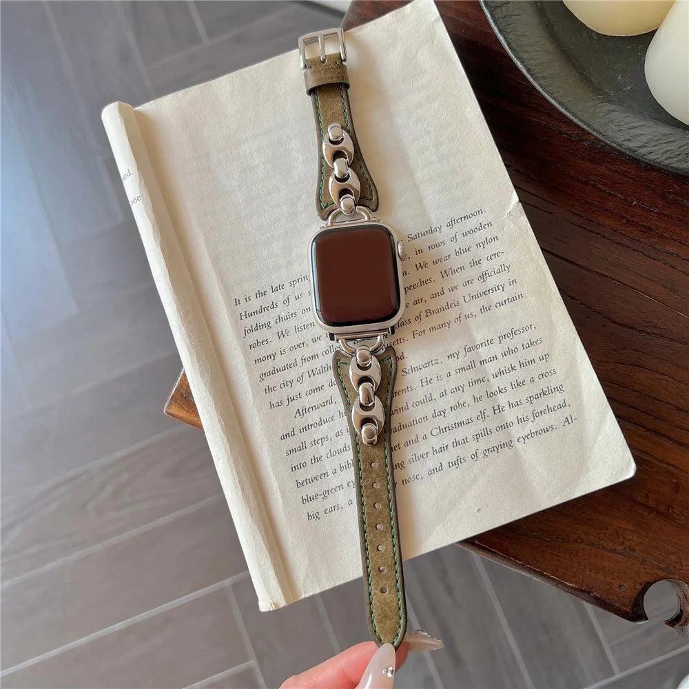 Wrist Strap for Apple Watch Series 11 10 42mm / 9 8 7 41mm / SE3 SE2 SE 6 5 4 40mm / 3 2 1 38mm D Metal Buckle Genuine Cow Leather Band - Green / Silver Buckle - 3